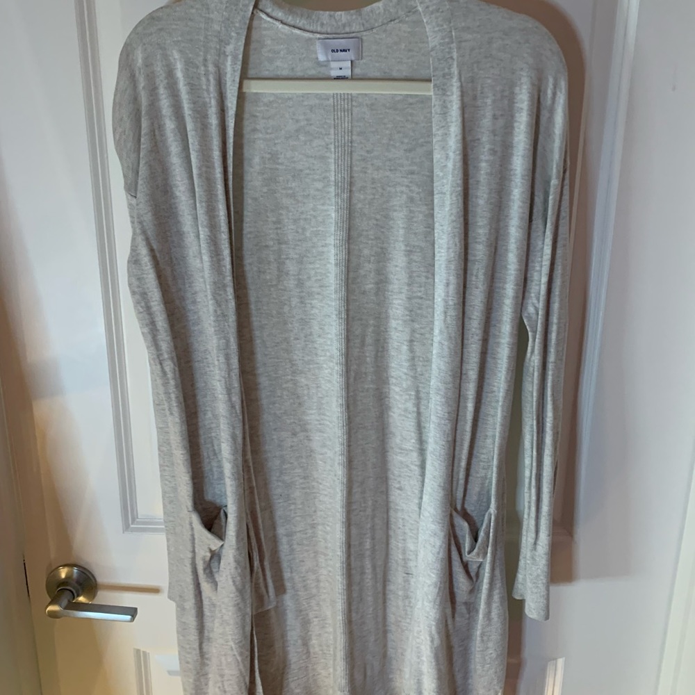 Long (midi length) light grey cardigan with pockets size S-M